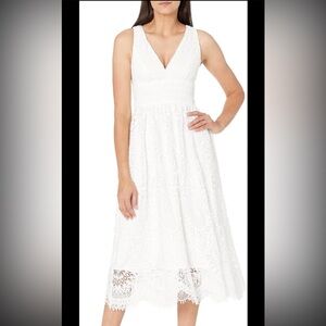 Shoshanna Midnight Christabella White V-Neck Sleeveless Midi Dress